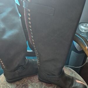 Black Knee-High Riding Boots with Decorative Stud Zip